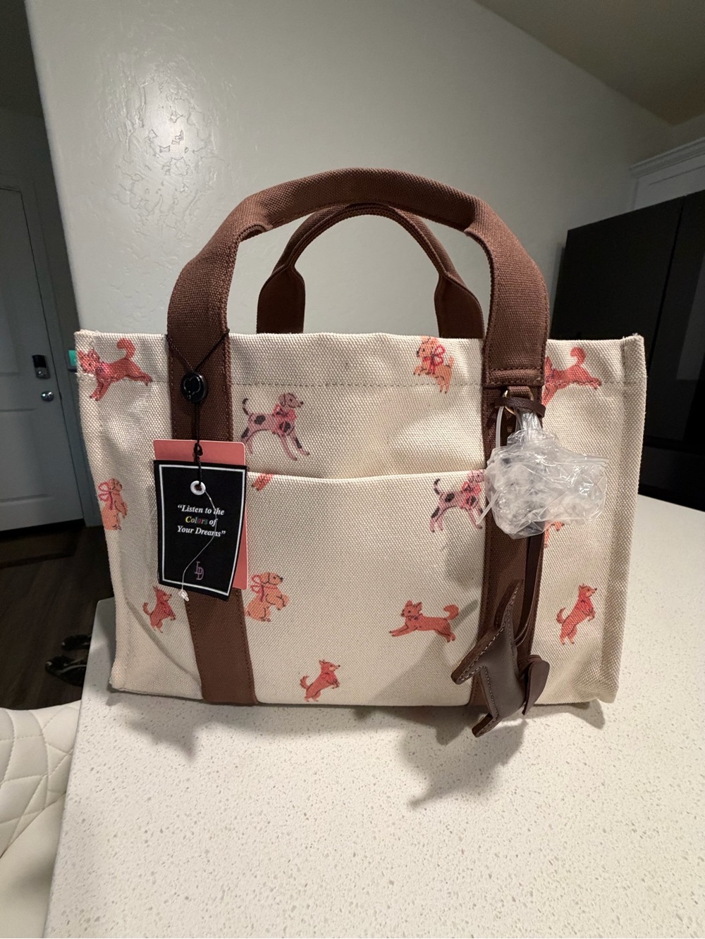 Canvas Tote with Pink Dog Print and Brown Handles